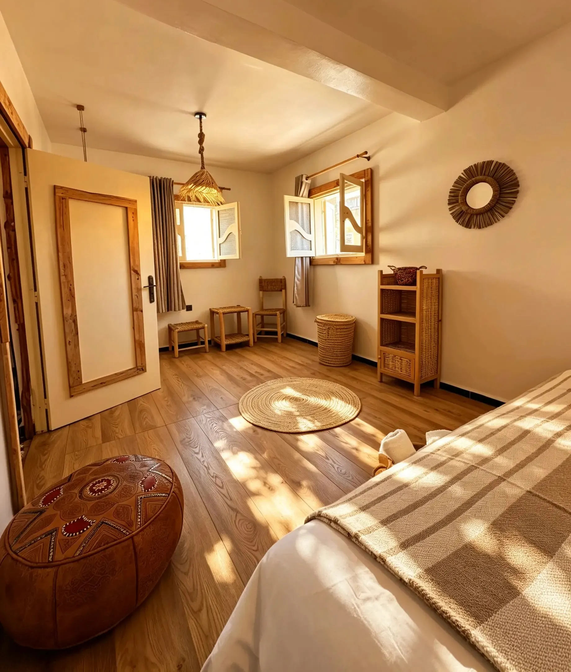 A double room at Gripsea in Anza with a wooden bed, woven baskets and open shutters